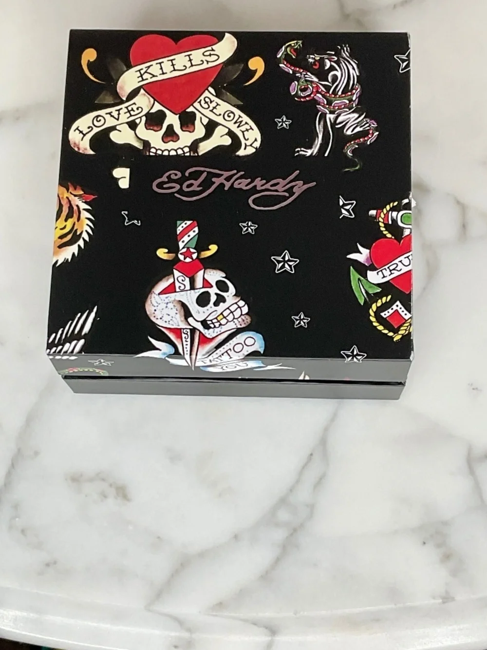 Ed Hardy Stainless Steel Silver Skull With Wings Black Leather Bracelet 8.5